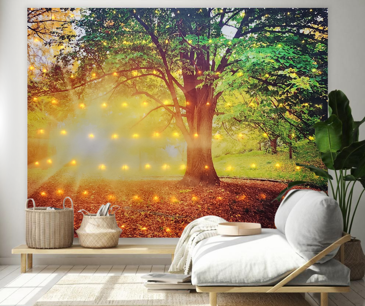 KaiSha LED Tapestry Wall Hanging; Wedding Backdrop Banner Photo Background Sunset Scenes Nature Landscape Scenery Trees