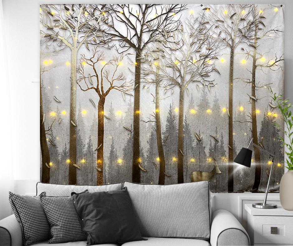 KaiSha LED Tapestry Wall Hanging; Wedding Backdrop Banner Photo Background Winter Scenes Nature Landscape Scenery Trees