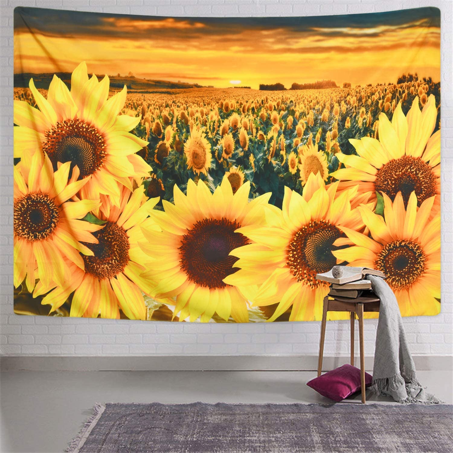 KaiSha Tapestry Wall Hanging; Sunflower Fields Art Décor Bedroom Large Sunshine Nature Scenes Tapestries (79"x59")