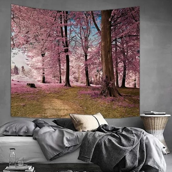 KaiSha Tapestry Wall Hanging; Pink Forest Trees Scenes Modern Psychedelic Nature Art Home Décor Large Artwork (79"x59")