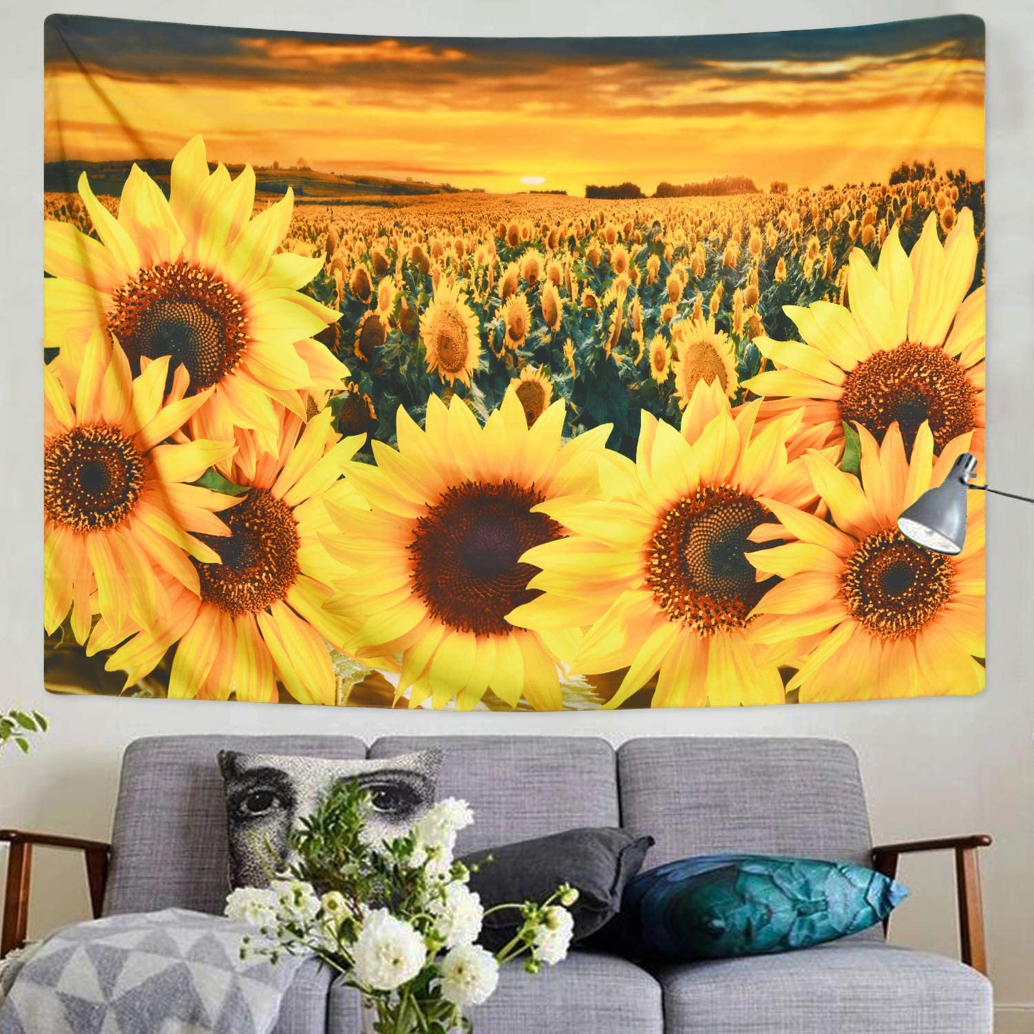 KaiSha Tapestry Wall Hanging; Sunflower Fields Art Décor Bedroom Large Sunshine Nature Scenes Tapestries (79"x59")