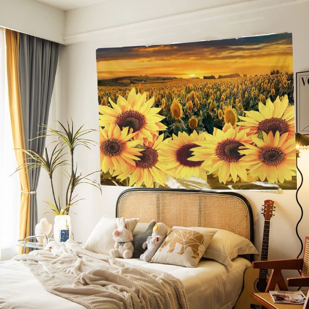 KaiSha Tapestry Wall Hanging; Sunflower Fields Art Décor Bedroom Large Sunshine Nature Scenes Tapestries (79"x59")