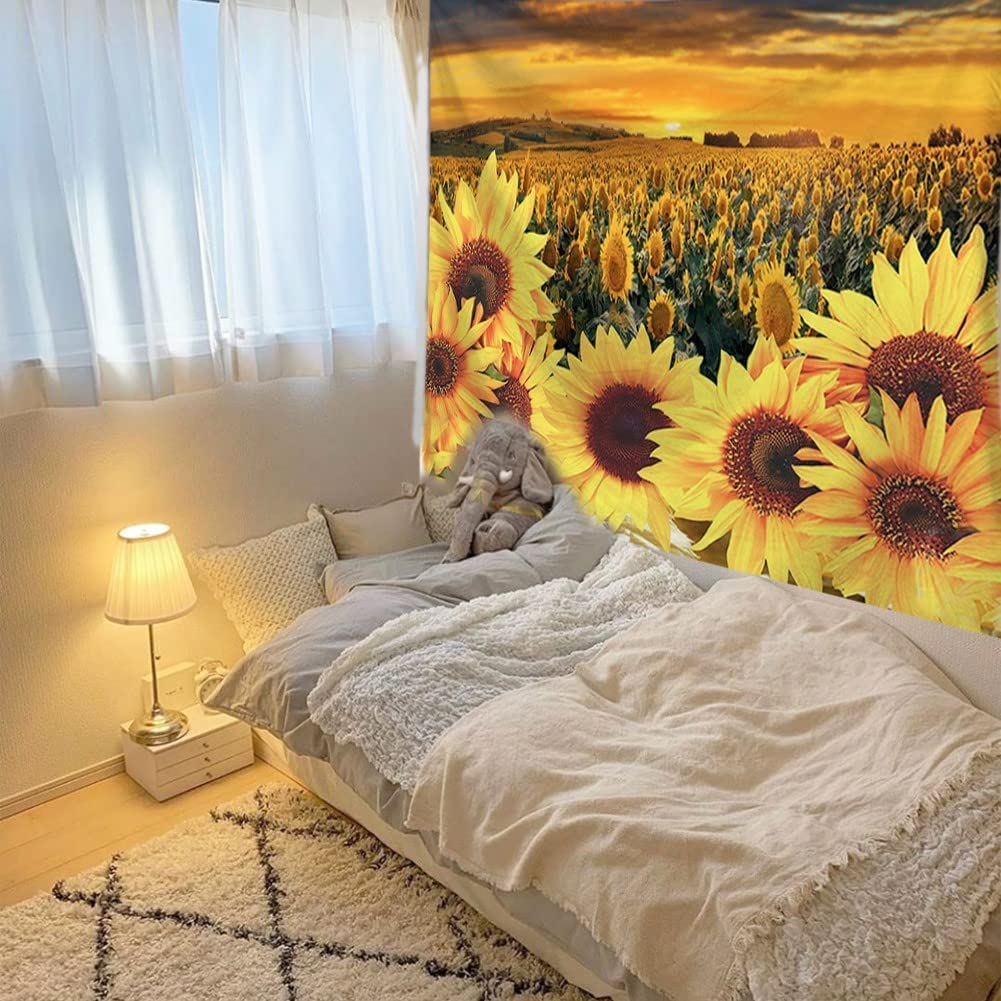 KaiSha Tapestry Wall Hanging; Sunflower Fields Art Décor Bedroom Large Sunshine Nature Scenes Tapestries (79"x59")