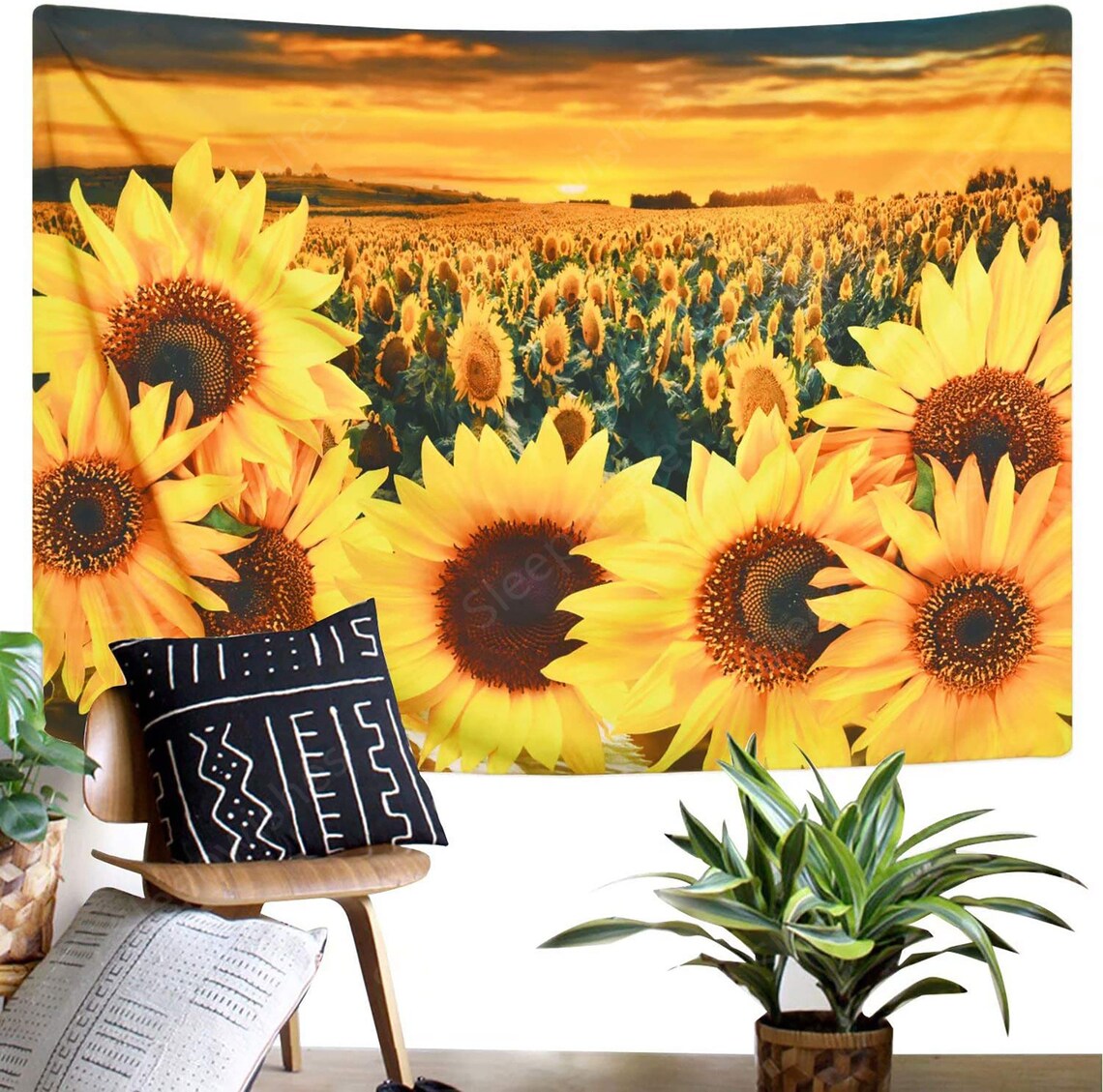 KaiSha Tapestry Wall Hanging; Sunflower Fields Art Décor Bedroom Large Sunshine Nature Scenes Tapestries (79"x59")