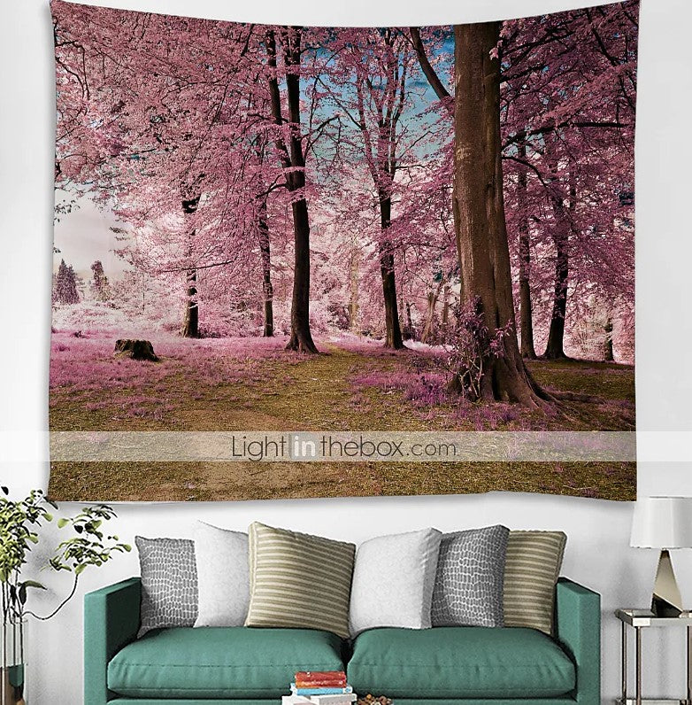KaiSha Tapestry Wall Hanging; Pink Forest Trees Scenes Modern Psychedelic Nature Art Home Décor Large Artwork (79"x59")