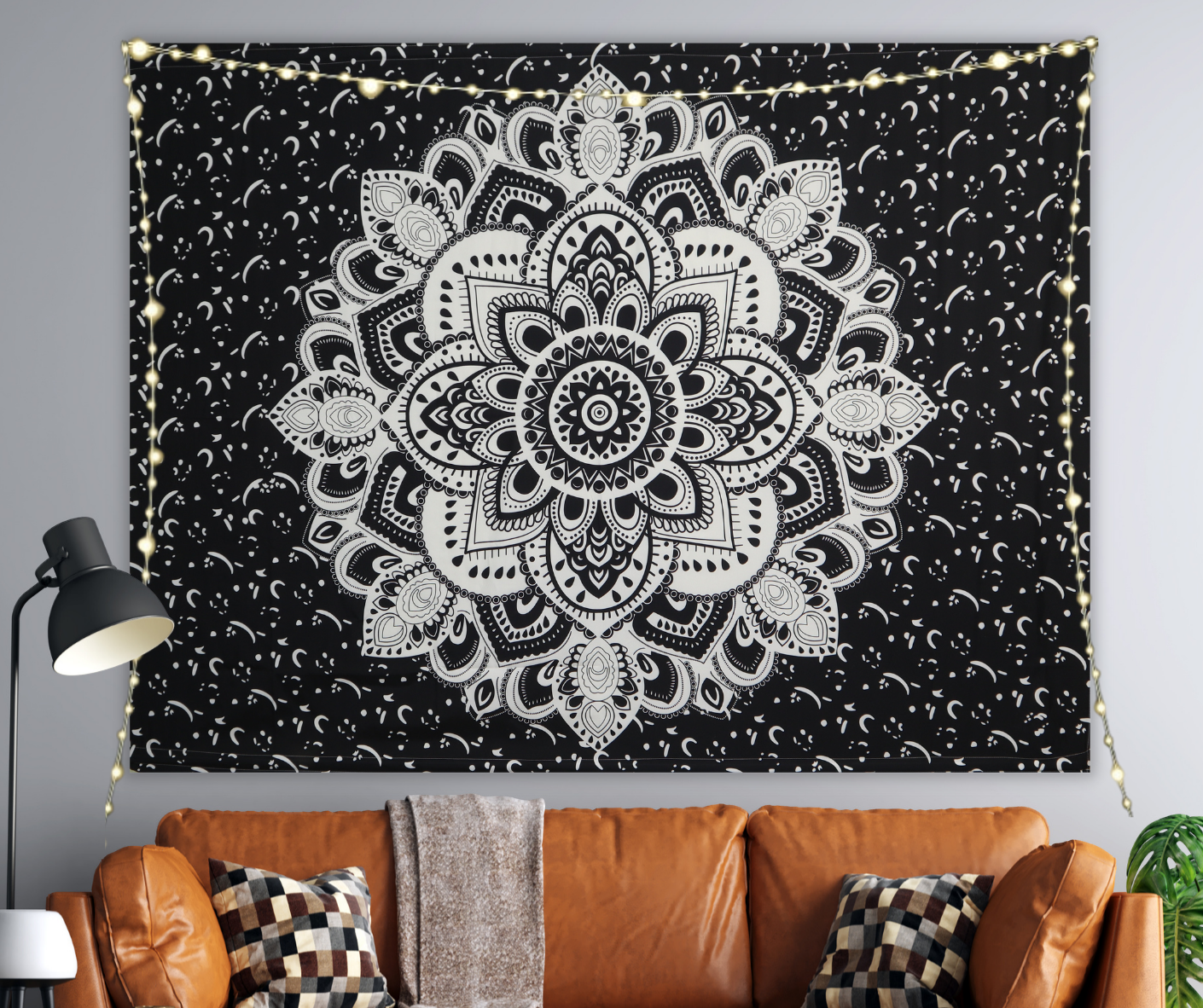 KaiSha LED Tapestry Wall Hanging; Bohemian Psychedelic Hippie Mandala Art Home Décor Large Black Boho Artwork (79"x59")