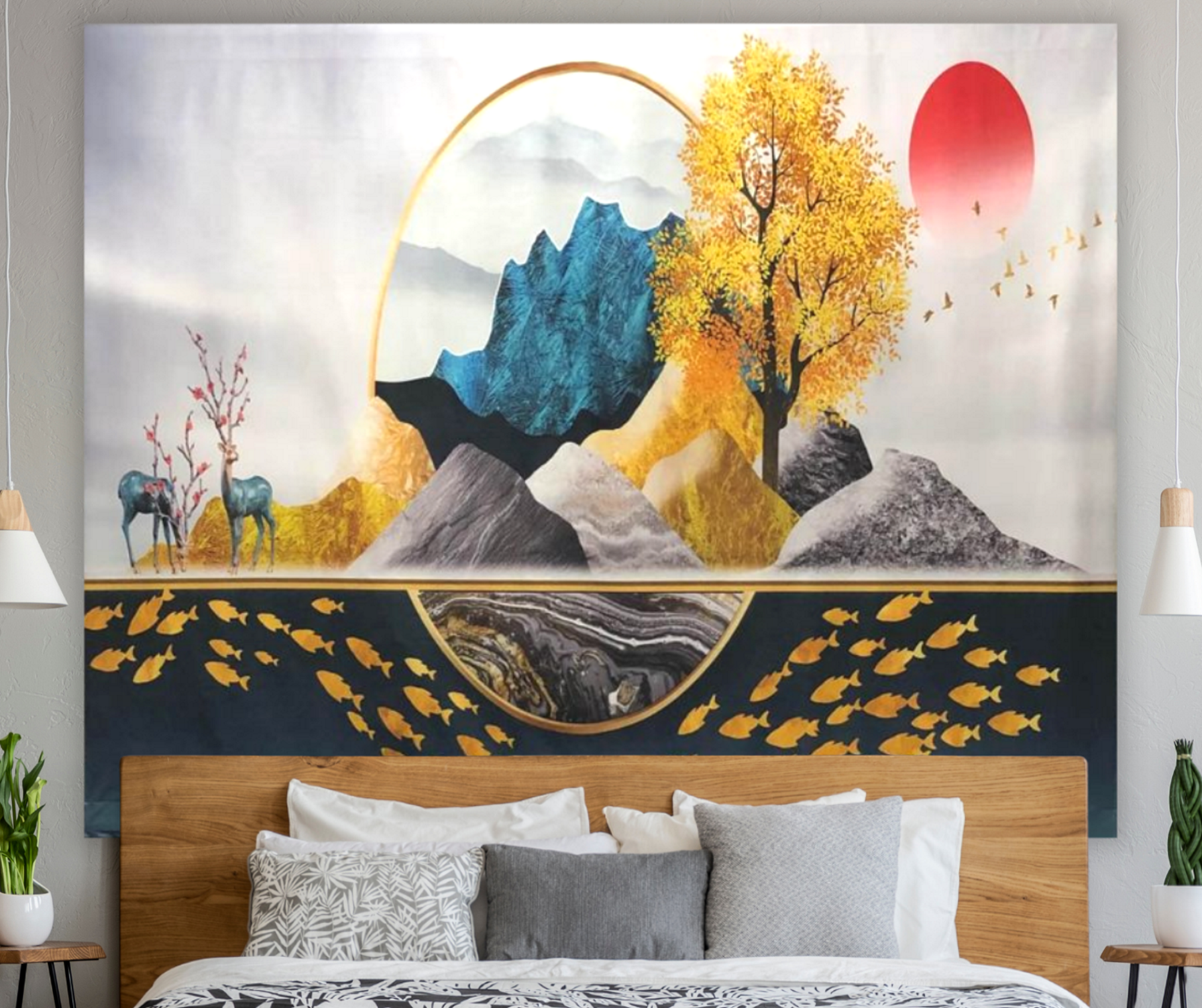 KaiSha LED Tapestry Wall Hanging; Modern Abstract Mountains Trees Scenic Art Décor Home Decoration Bedroom Dorm Living Room Nature Landscape Scene