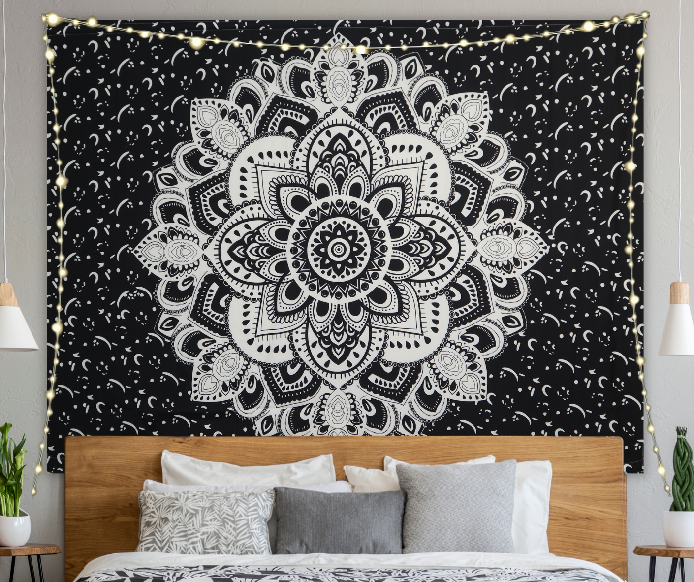 KaiSha LED Tapestry Wall Hanging; Bohemian Psychedelic Hippie Mandala Art Home Décor Large Black Boho Artwork (79"x59")