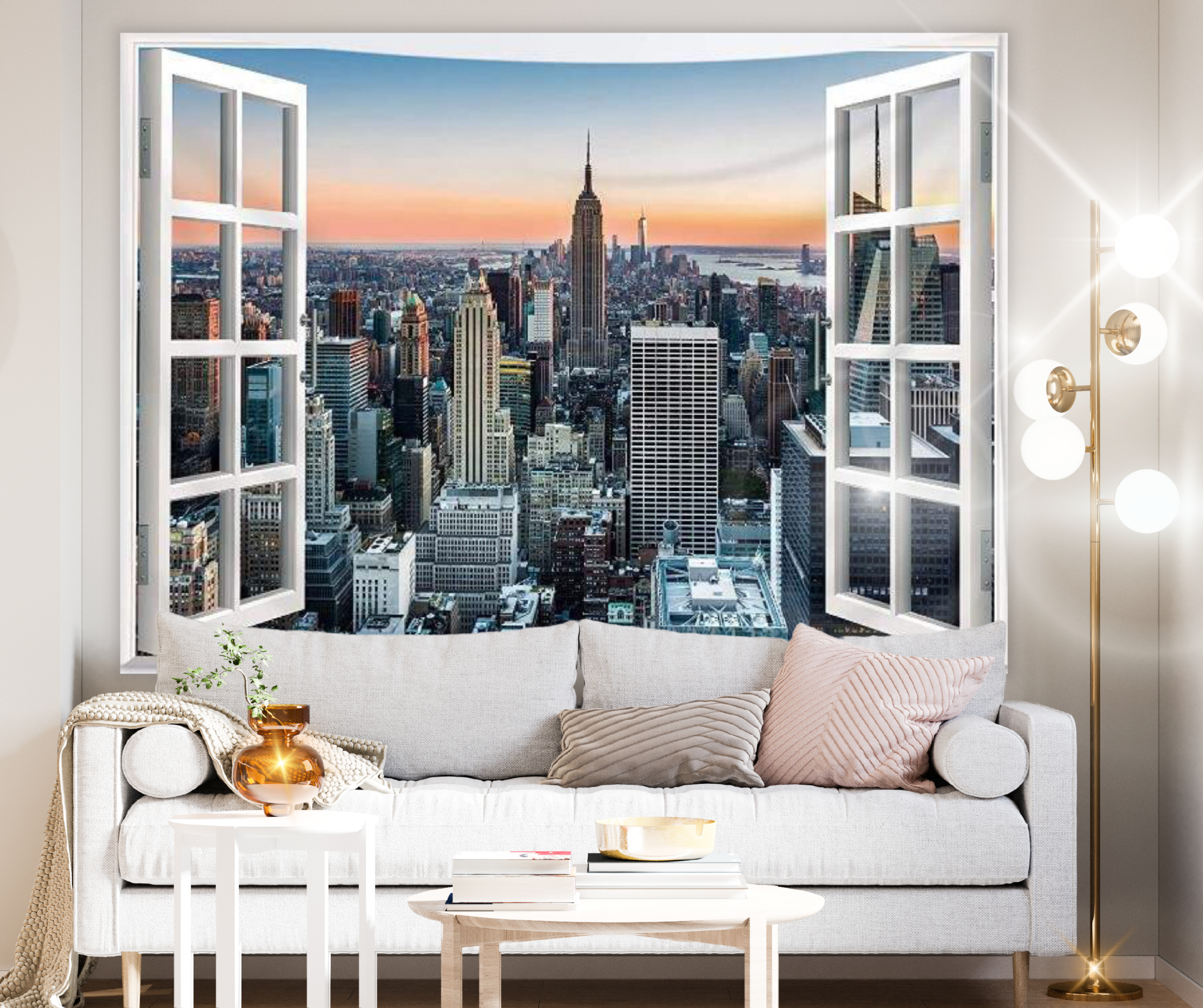 KaiSha Tapestry Wall Hanging; City Skyline Art Home Décor; Cityscape New York Backdrop Tall Buildings Artwork