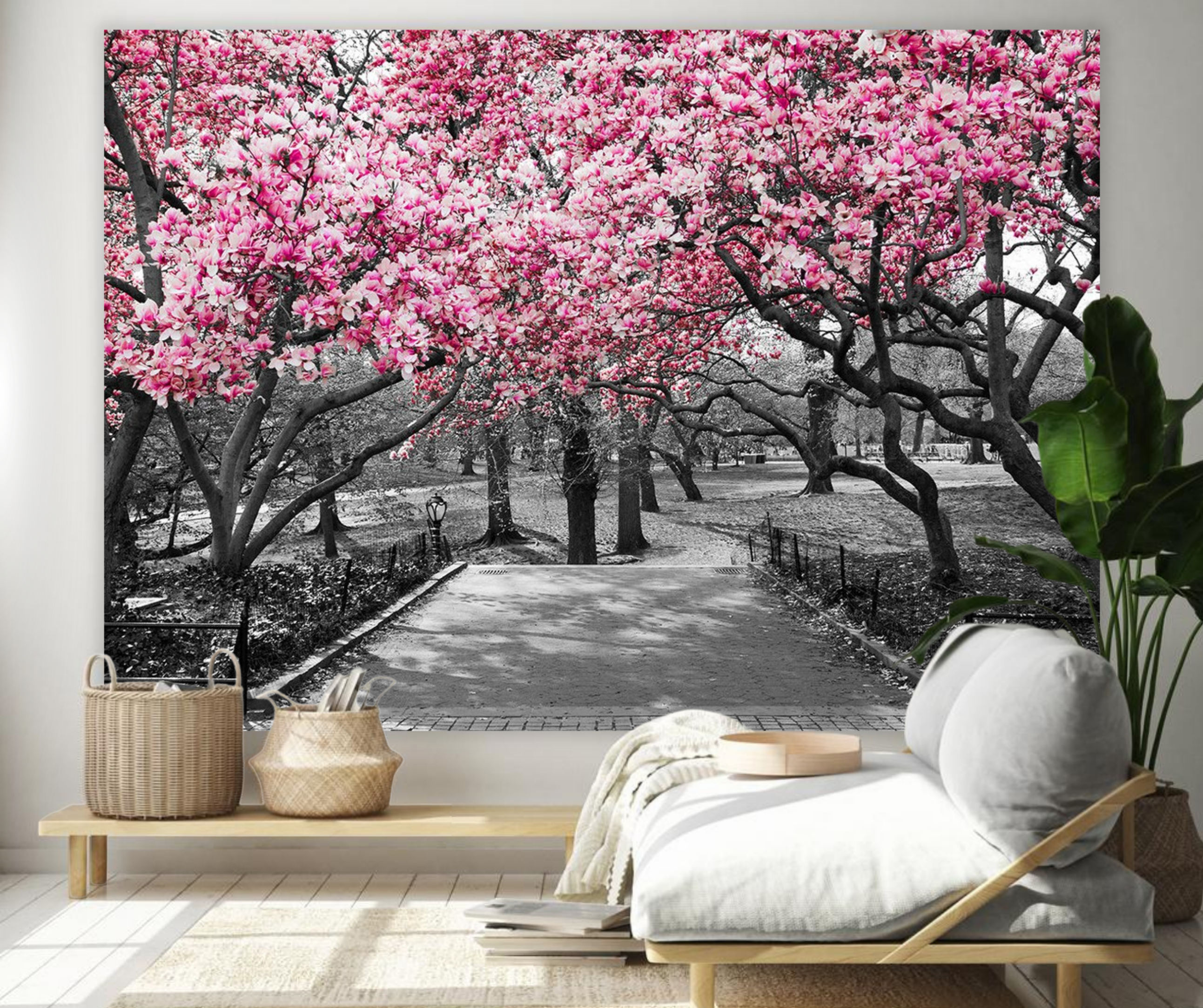 KaiSha Tapestry Wall Hanging; Pink Floral Forest Nature Wall Backdrops Cherry Blossom Garden