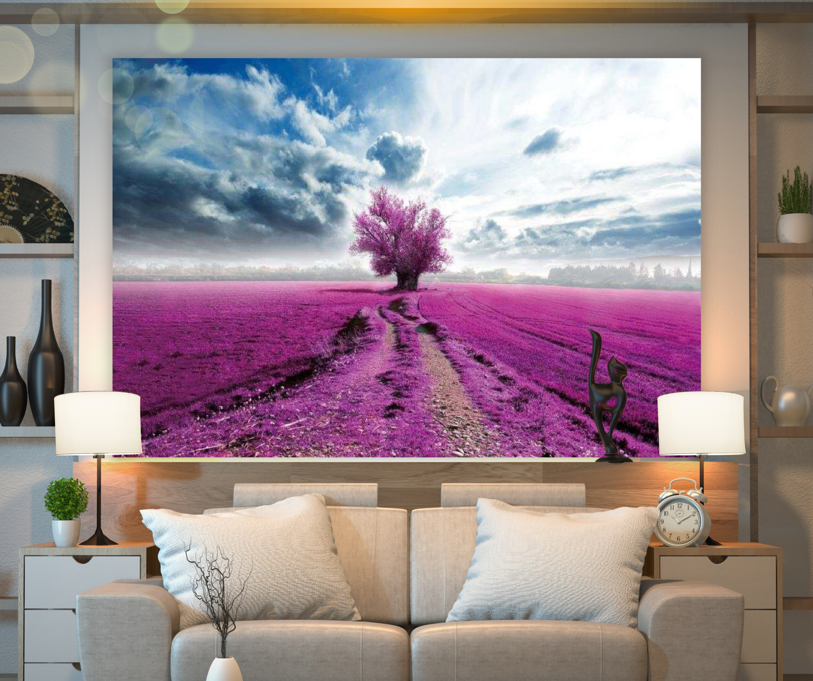 KaiSha Tapestry Wall Hanging; Lavender Fields Scenic View Wall Hanging Art Décor Large Landscape Artwork (79x59)