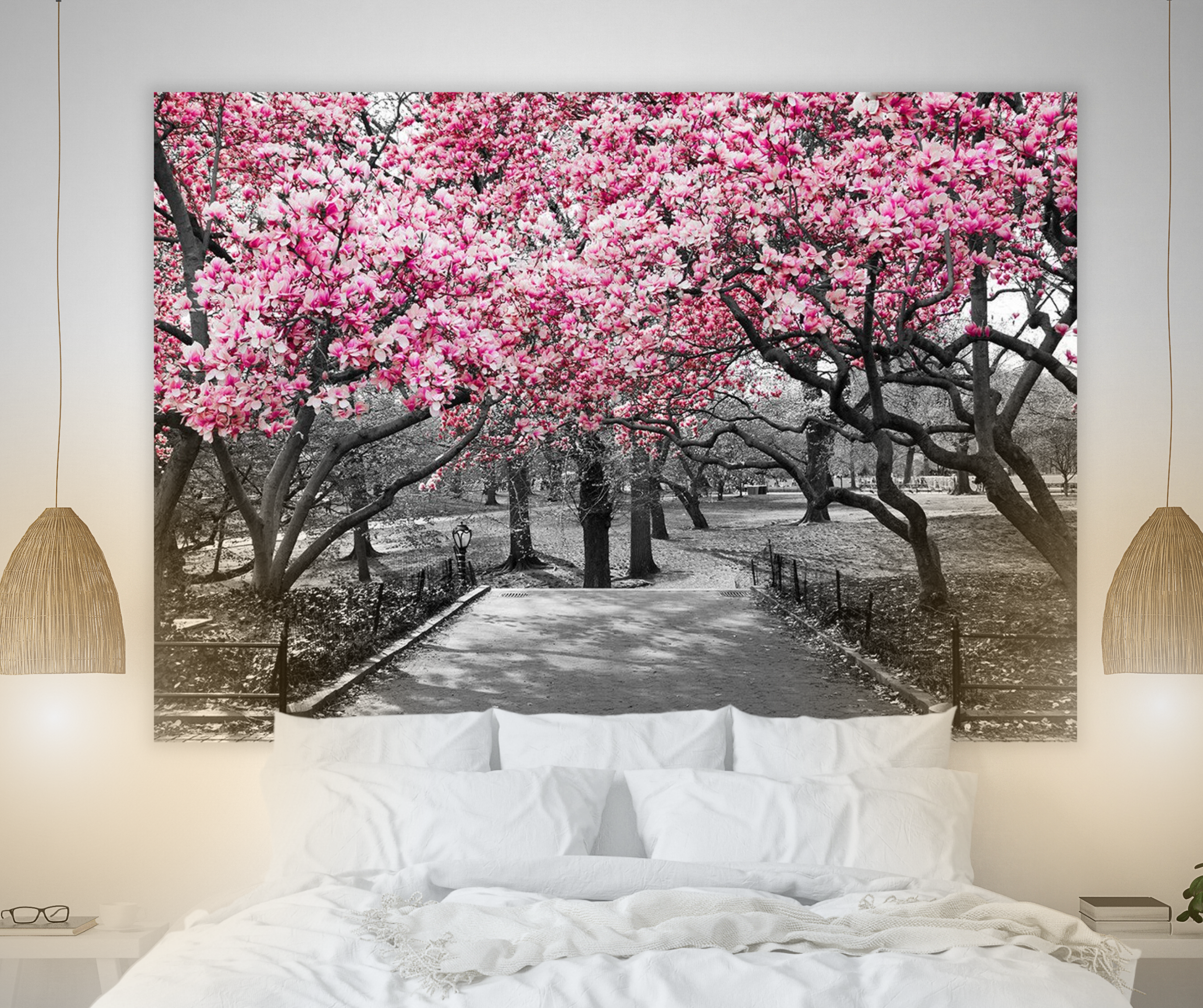 KaiSha Tapestry Wall Hanging; Pink Floral Forest Nature Wall Backdrops Cherry Blossom Garden