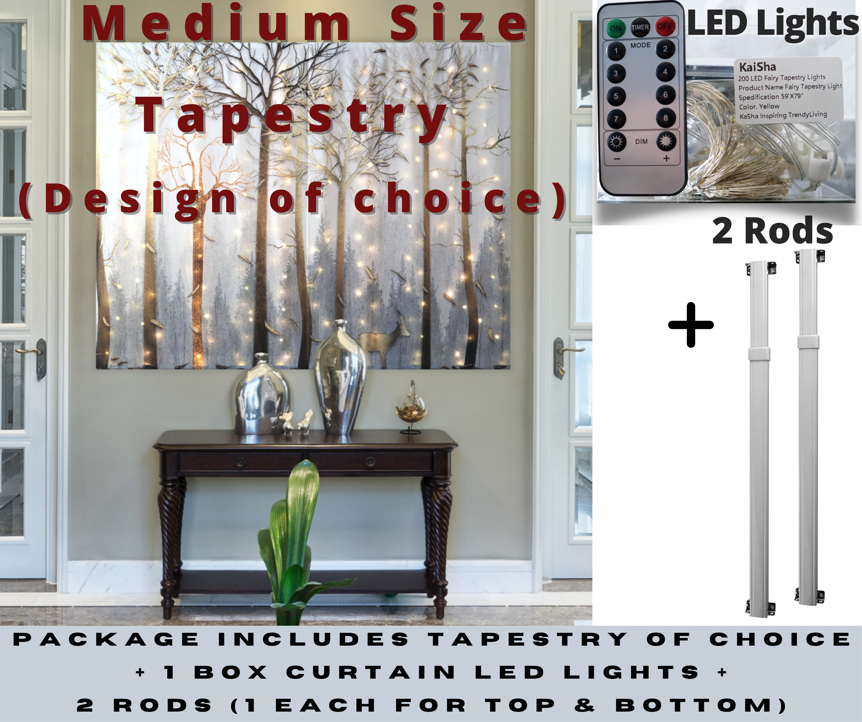 KaiSha LED Tapestry Bundle; MEDIUM SIZE; Tapestry+ LED Lights+ 2 Rods; Aesthetic Tapestries Wall Accent Backdrops Modern
