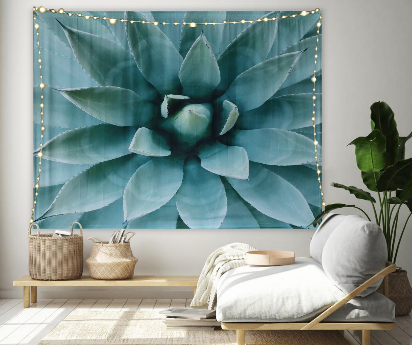 KaiSha LED Tapestry Wall Hanging; Bohemian Floral Wall Hanging Art Décor Large Boho Teal Flower Artwork (79"x59")